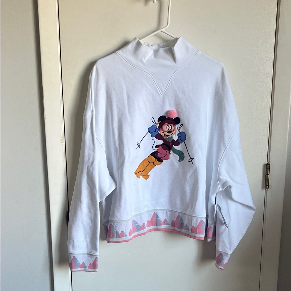 Brand New! White Minnie Mouse Ski Graphic Mock Neck Sweatshirt